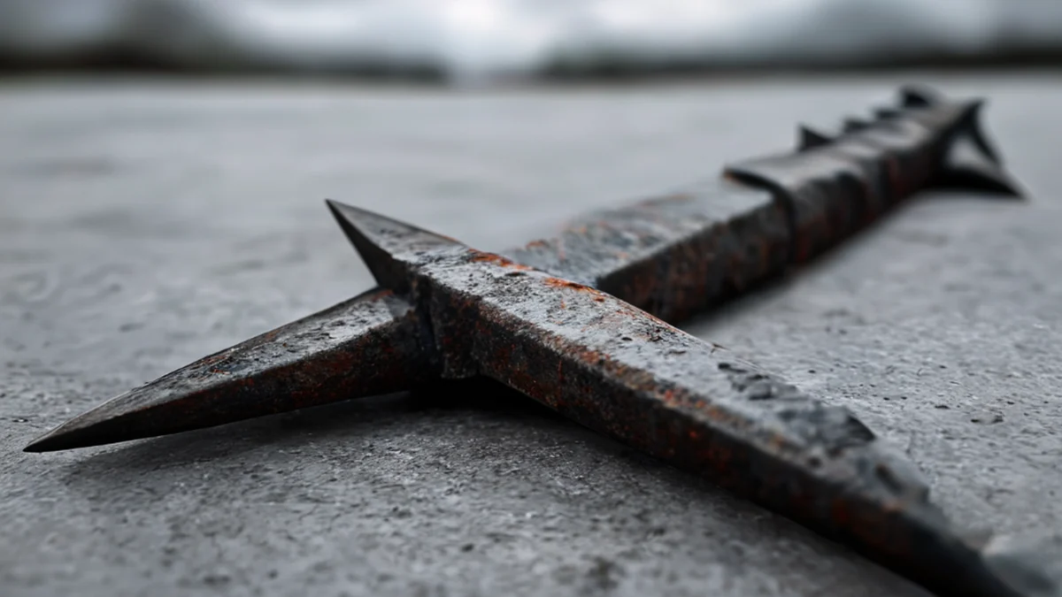 A sharp, angular cast iron spike with a rusted finish, blackened edges, and a serrated tip, resting on a concrete surface under overcast daylight, shallow depth of field, photorealistic, sharp focus