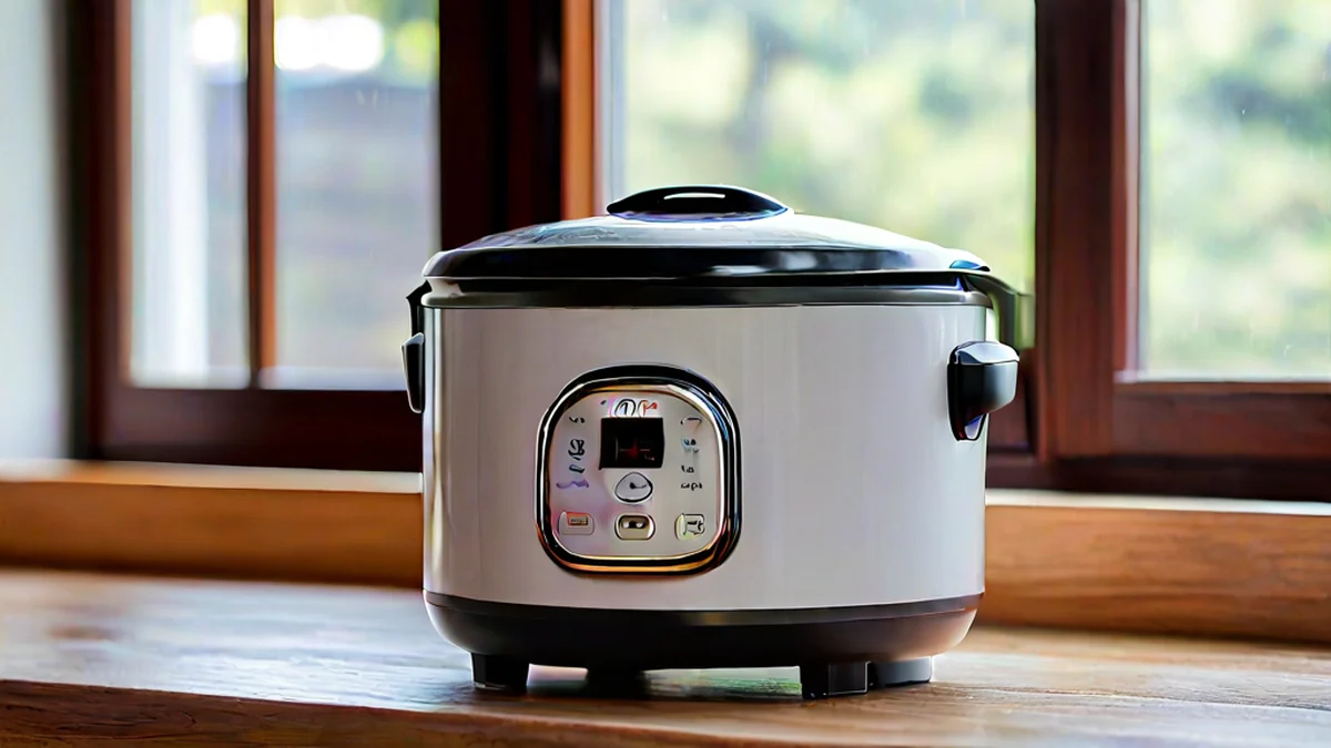Electric rice cooker with a digital display, heating element, and rice container.